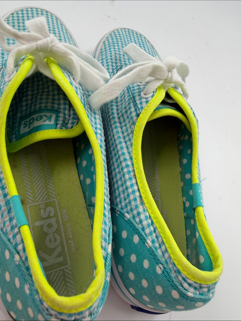 Keds Double Dutch Teal Polka Dot & Gingham Sneakers Neon Lime Trim Women's 6.5 - Picture 14 of 16